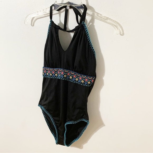 Apt. 9 Black Floral Embroidered Waistband One Piece Bathing Suit / Swimsuit 🖤🩵 - Picture 2 of 12